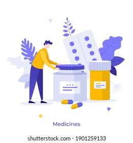 Patient and pills or meds in blisters and jars. Concept of medication, medicament, medicine, pharmaceutical drug, medical treatment, pharmacology. Modern flat vector illustration for banner, poster.