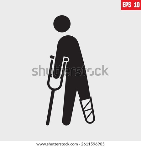 Patient with plaster leg and crutches vector design concept icon, Man on Crutches with Leg Injury. Gym and Sports Concept on white background