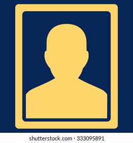 Patient Portrait vector icon. Style is flat symbol, yellow color, rounded angles, blue background.