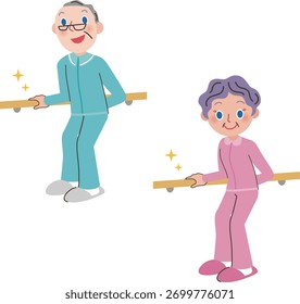 Un paciente practica caminar usando los pasamanos en un hogar de ancianos.
