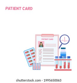 Perfil del paciente con lista de control con elementos del tubo de análisis de sangre, magnificación, píldoras, ampulas y vial, concepto médico 