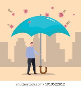 patient protecting with umbrella of covid19 virus particles vector illustration design