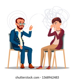 Patient At Psychiatry Counseling, Psychotherapy Cartoon Character. Therapy, Counseling Isolated Clipart. Psychology Consultation. Psychiatrist Helping Man With Mental Problems Flat Illustration