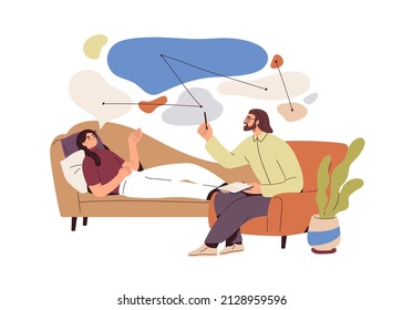 Patient At Psychoanalysis And CBT Therapy With Psychotherapist. Psychotherapy Session With Cognitive Analysis. Mental Health, Psychology Concept. Flat Vector Illustration Isolated On White Background