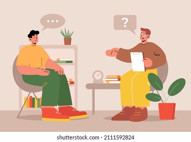 Patient in psychologist office. Man talking to practitioner sit at chair in cabinet. Therapist session in mental health clinic, character share problems with doctor. Line art flat vector illustration