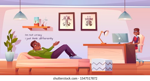 Patient in psychologist, psychotherapist office. Man lying on couch talking to woman practitioner sitting at table in cabinet. Psychiatrist session in mental health clinic. Cartoon vector illustration