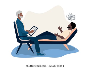 The patient is in the psychologist's office and talks about his experiences and problems. Consultation and assistance of a psychologist. Vector illustration in a flat style.