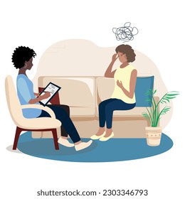 The patient is in the psychologist's office and talks about his experiences and problems. Consultation and assistance of a psychologist. Vector illustration in a flat style.