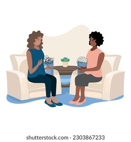 The patient is in the psychologist's office and talks about his experiences and problems. Consultation and assistance of a psychologist. Vector illustration in a flat style.