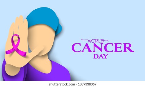 Patient with purple awareness of ribbon in hand and encourage others. World cancer day in paper art style