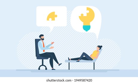 El paciente recibe el apoyo de un especialista. Solución de problemas. Ilustración vectorial, psicoterapia, desenmarañamiento de situaciones complejas, el concepto de psiquiatría social, terapeuta y vector paciente