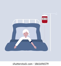 Patient Receiving Blood Transfusion Vector Illustration.