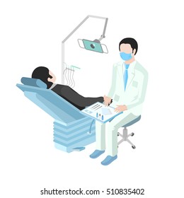 Patient at a reception at the dentist in an isometric view. A doctor in a respirator sits next to the dental chair.