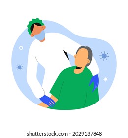 Patient recovering from covid, medical nurse kindly taking care of senior female patient suffering from pneumonia caused by coronavirus infection lying in hospital bed, vector cartoon illustration