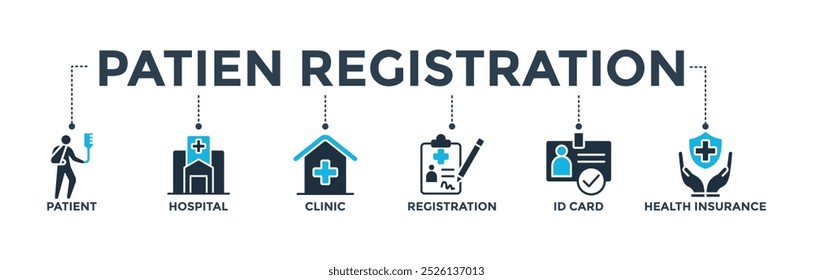 Patient registration banner concept with icon of patient, hospital, clinic, registration, id card and health insurance. Web icon vector illustration
