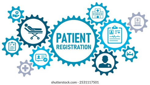 Ilustración vectorial de los iconos del Sitio web del Web del Anuncio del concepto del registro del paciente con los iconos del paciente, hospital, clínica, registro, tarjeta de la identificación, atención sanitaria, seguro, en los iconos sólidos del fondo blanco,