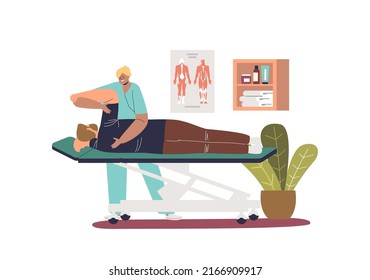 Patient at rehabilitation massage at chiropractors. Female masseur physiotherapist osteopath treating back and arm. Rehab therapy, physiotherapy treatment concept. Cartoon flat vector illustration