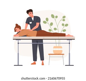 Patient at rehabilitation massage at chiropractors. Masseur physiotherapist osteopath treating back. Rehab therapy, physiotherapy treatment. Flat vector illustration isolated on white background