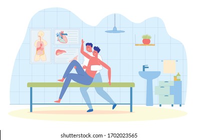 Patient Rehabilitation Method, Manual Therapy. Specialist Make Massage to Restore Patient’s Health on Couch, Together they Perform Exercises for Joints. Information Posters on Cabinet Wall.