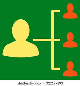 Patient Relations vector icon. Style is bicolor flat symbol, orange and yellow colors, rounded angles, green background.