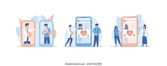 patient remote professional consultation, Electronic health record, EHR digital patient chart on smartphone, clinical data of young woman, healthcare app. 