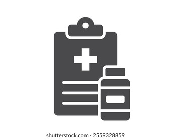 Patient report card flat icon. Medical history and pill bottle. Isolated vector image in simple style