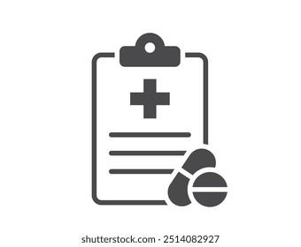 Icono de la tarjeta de reporte del paciente. Antecedentes médicos y píldoras. Imagen de Vector aislada en estilo simple