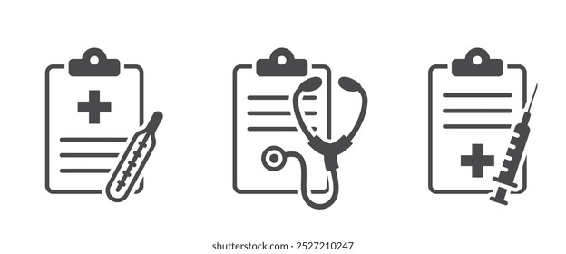 Patient report card icon set. Medical history symbols. Isolated vector healthcare images