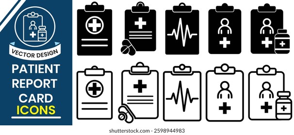 Patient report card icon, vector, medical card icon outline vector. Silhouette of Medical Test Report card,  diagnosis check list, Medical record icon. Vector illustration of clipboard.