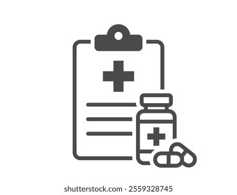 Patient report card line icon. Medical history and pill bottle. Health care isolated vector image in simple style