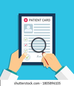 Patient Report In Medical Card. Doctor Record In Medic Form Document. Profile Of Patient On Paper Sheet. Diagnosis After Test Of Health. Hospital Case, Medicine Research. Clinic Prescription. Vector.