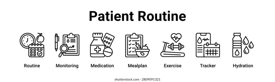 Patient Routine web banner icon vector illustration concept for medical with icon of Routine, Monitoring, Medication, Mealplan, Exercise.