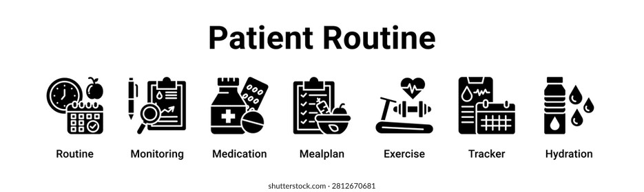 Patient Routine web banner icon vector illustration concept for medical with icon of Routine, Monitoring, Medication, Mealplan, Exercise.