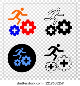 Patient run over gears EPS vector pictogram with contour, black and colored versions. Illustration style is flat iconic symbol on chess transparent background.