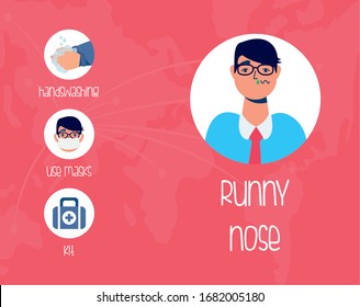 Patient With Runny Nose And Prevention Methods Vector Illustration Design