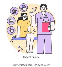 Concepto de seguridad del paciente. Priorizar la atención con un enfoque en la higiene, la precisión del tratamiento y la prevención de riesgos. Ilustración vectorial plana.