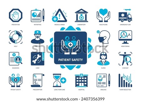 Patient Safety icon set. Hospital, Medical Error, Diagnosis, Harm Reduction, Laboratory, Health Care, Prevention, Prescription. Duotone color solid icons