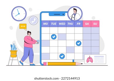 Patient scheduling meeting concept with doctor online cartoon character. Woman making appointment with therapist via smartphone telehealth application. Minimal vector illustration for landing page.