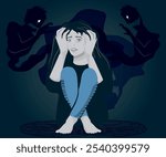 patient with schizophrenia, delirium and fear. young woman with depressive thoughts and feeling of persecution. Vector illustration to represent mental health care.