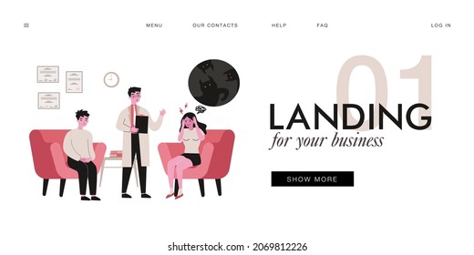 Patient with schizophrenia at psychiatrist office. Woman with mental disorder, confused medical professional flat vector illustration. Mental health, psychology concept for banner, website design