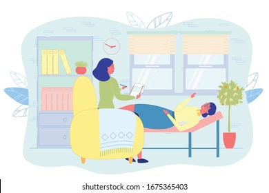 Patient Shares her Feelings with Psychotherapist. Client Lies on Comfortable Couch and Tells Doctor about aer Internal Condition. Female Specialist Makes Notes on Paper to Remember Details.