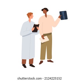 Patient showing X-ray with broken bone to doctor. Person with skeleton injury on Xray at medical consultation with traumatologist, orthopedist. Flat vector illustration isolated on white background