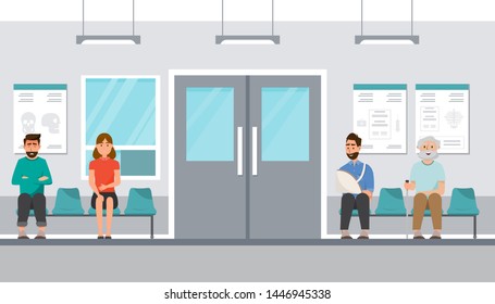 patient sit and wait in front of room at hospital on flat style. Vector illustration cartoon character
