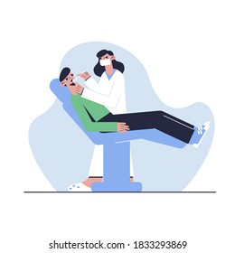 The patient sits in the dentist's chair. Medical concept. Vector illustration. 