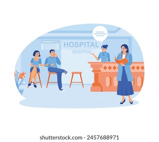 The patient is sitting in the hospital lobby. Receptionists provide health information to patients. Hospital receptionist concept. Flat vector illustration.