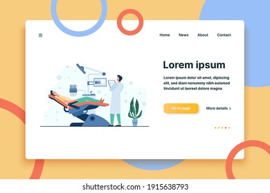 Patient sitting in medical chair during visit or treatment isolated flat vector illustration. Cartoon dentist working in diagnostic cabinet. Stomatology and dental clinic concept
