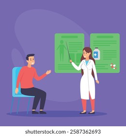 Patient sitting on chair while doctor pointing to medical charts that outline treatment options and health information. The setting is office with colorful visuals