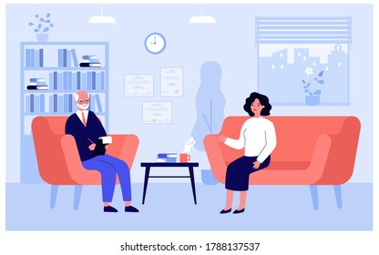 Patient sitting on sofa and talking with therapist isolated flat vector illustration. Professional doctor counseling during session in clinic. Psychotherapy and healthcare concept