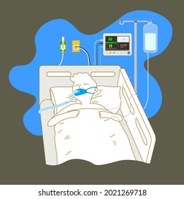 Patient sleeping unconciously in hospital bed, Intensive Care Unit, with intubation tube inserted in the mouth. Vector illustration