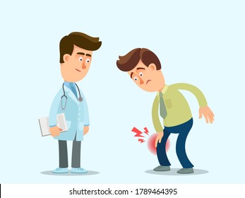 A patient with a sore knee is talking to a surgeon. Severe knee pain. Man with injured leg visit to doctor in hospital. Vector illustration, flat design, cartoon style, isolated background.